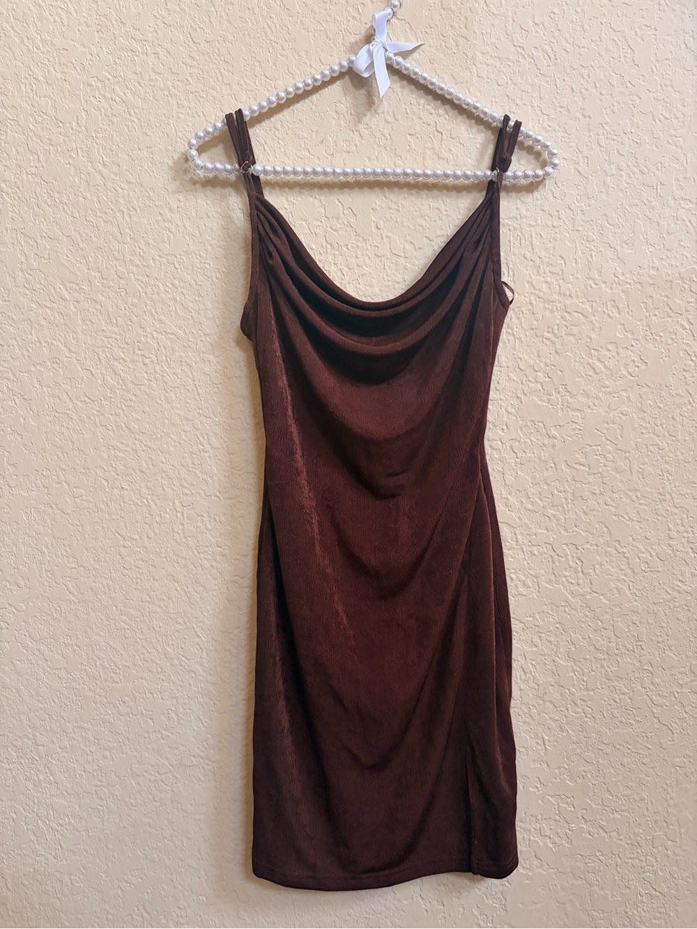 Cowl Neck Mini Slip Dress in Brown